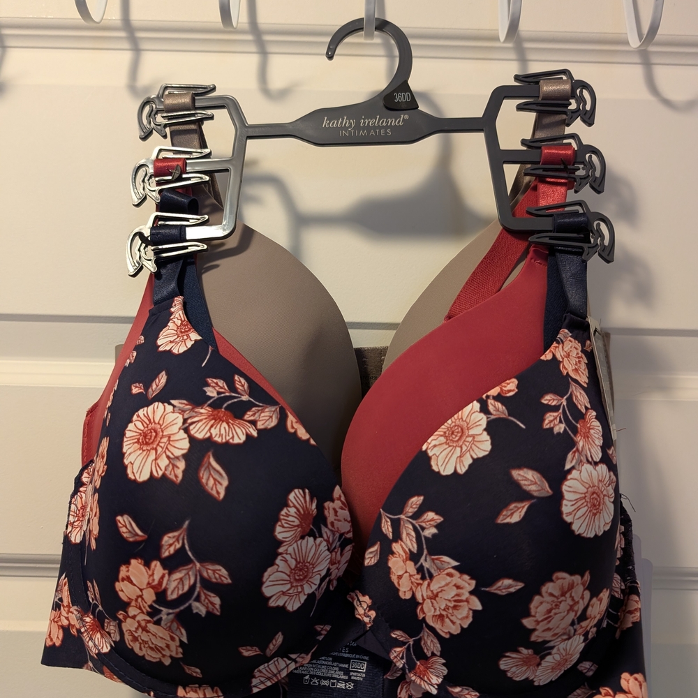 Kathy Ireland Floral Print Bra Set - Navy, Red, Tan